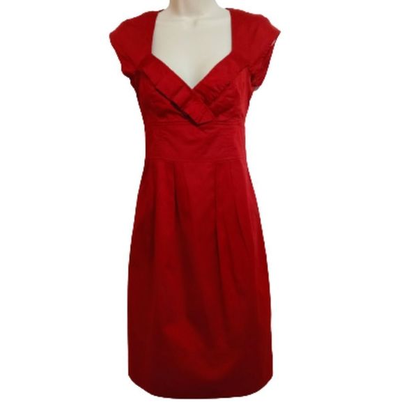 Nanette Lepore Dresses & Skirts - Nanette Lepore | Sheath Cap Sleeve Red Pleated Ruffle Front Fitted Midi Dress 6